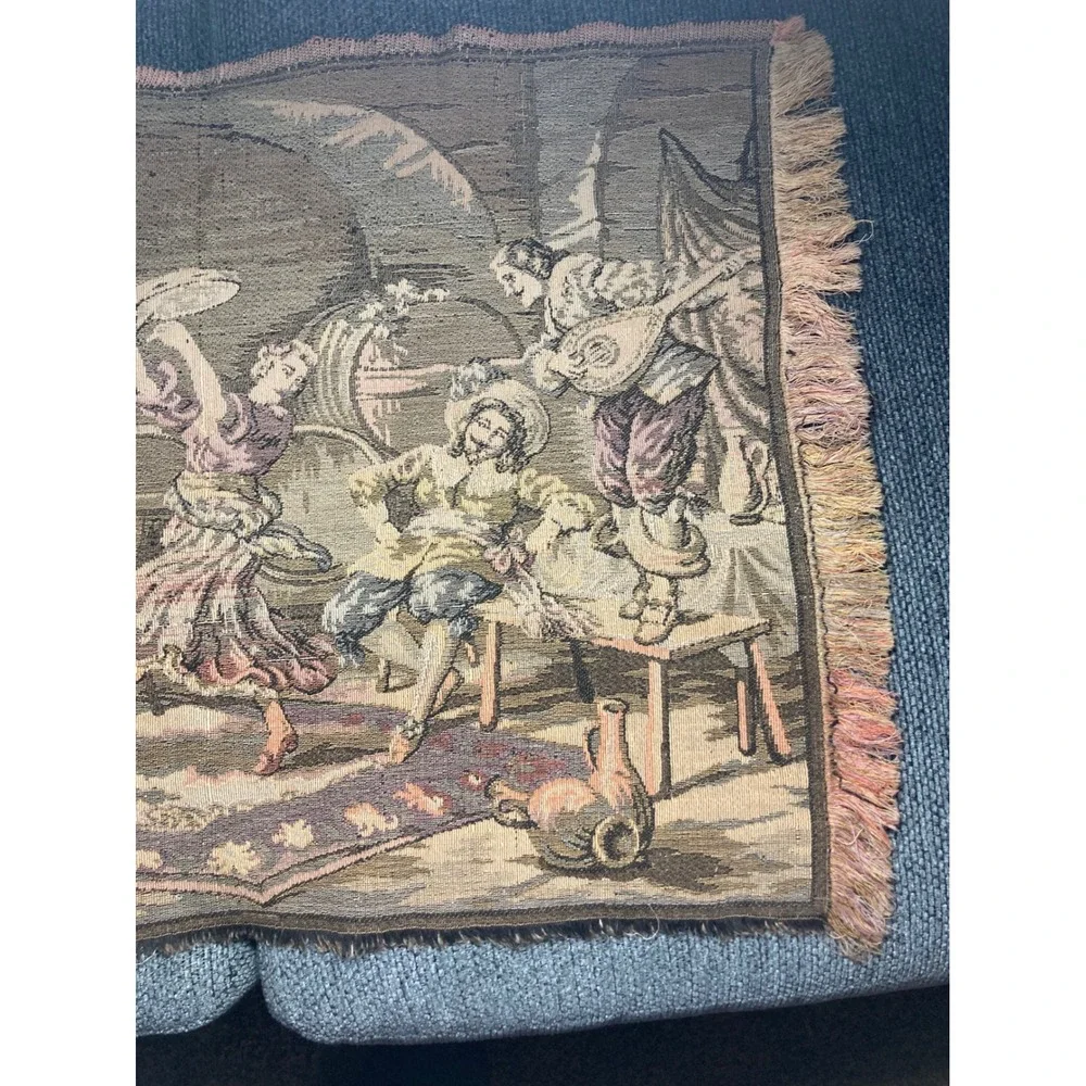 Vtg Woven Tapestry Table Runner Figural‎ Tavern Dance French Belgian Style 36